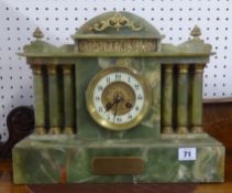 Green marble (onyx) mantle clock with presentation plaque 1915 of architecture design the dial