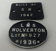 Two small railway plaques comprising 'Build by SR' 1942 and LMS Wolverton Lot No.927, 1936 (2), each