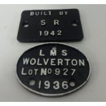 Two small railway plaques comprising 'Build by SR' 1942 and LMS Wolverton Lot No.927, 1936 (2), each