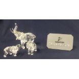 Swarovski Crystal Glass, family of three elephants, boxed.