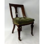 A good set of six heavy mahogany framed dining chairs with buttoned upholstered seats, fluted and