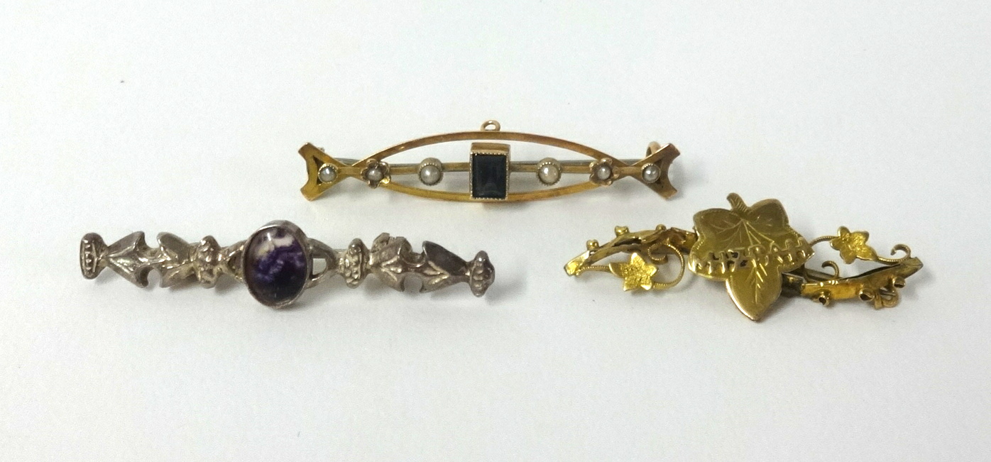 Two gold bar brooches one Mizpah and one with tourmaline and seed pearls plus one