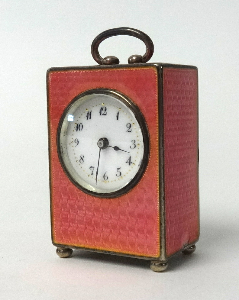 A fine French miniature silver and guilloche enamelled carriage clock, the base stamped 'Argent, 0. - Image 2 of 3