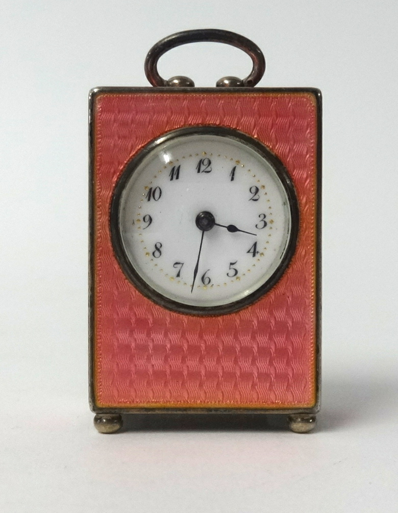A fine French miniature silver and guilloche enamelled carriage clock, the base stamped 'Argent, 0.