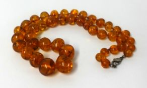 An amber necklace with graduated beads, overall length approx 60cm.