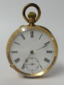 A 14ct gold pocket watch, the back plate stamped No.14k, with keyless movement and loose glass,