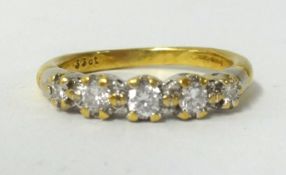 A 18ct yellow gold five stone diamond ring, set with brilliant cut diamonds approx 0.33cts, weight