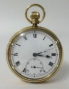 A 9ct gold pocket watch open face with keyless movement, back plate with presentation inscription