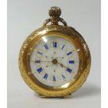 A 14ct gold small fob watch with enamel face and enamel dial.