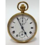 A 9ct gold open face and keyless chronograph pocket watch with stop watch the back plate with