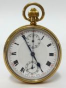 A 9ct gold open face and keyless chronograph pocket watch with stop watch the back plate with