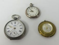 A ladies continental silver fob watch with floral decorated dial, another fob watch a/f and a