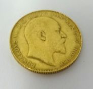 An Edward VII 1908 gold sovereign.