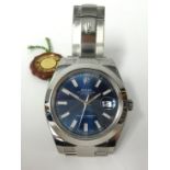 Rolex Datejust, a gents stainless steel wristwatch, Oyster Perpetual, with blue dial, Card No.