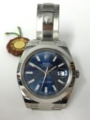 Rolex Datejust, a gents stainless steel wristwatch, Oyster Perpetual, with blue dial, Card No.