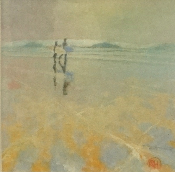 Richard Lannowe Hall (Contemporary, St.Ives), mixed media 'Two Surfers', dated 2006, 20cm x 20cm.