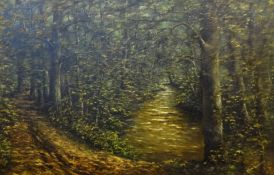 Clem Spencer (Plymouth) signed oil on board, 'Plymbridge Woods', circa 1980, 59cm x 90cm