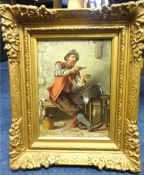 A 19th Century Continental School, oil on board, 'Seated solider cleaning his armour', in original