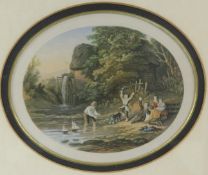 Three 19th century etchings, in oval mounted and framed, 13cm x 17cm