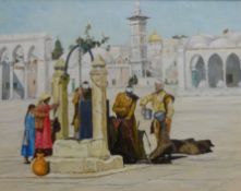 Lennox Manton, oil on board, Middle Eastern scene, figures at a well, 42cm x 50cm.