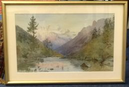 Continental watercolour, River Landscape, unsigned, 24cm x 40cm