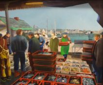 Anthony Barry (Plymouth), oil on board, 'Barbican Fish market' 50cm x 63cm.