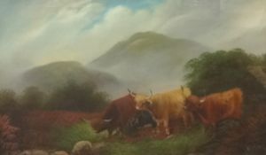 H.W.Grey, signed oil, 'Highland Cattle', 36cm x 60cm.