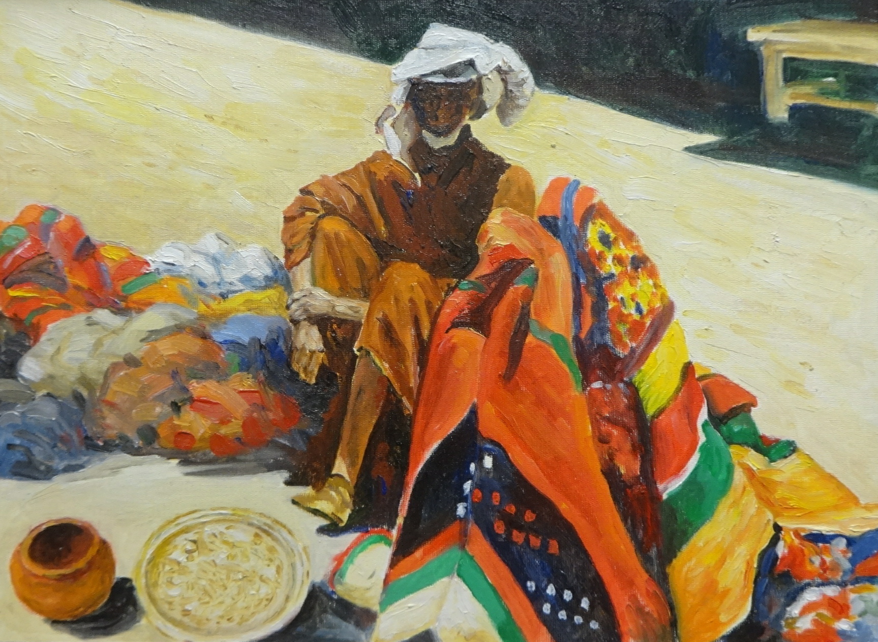 Lennox Manton, two paintings on board including 'Figures in Shade' and 'Bright Blankets', 33cm x - Image 2 of 2