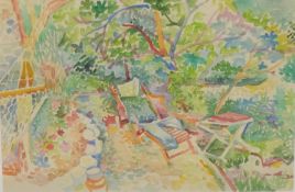Fred Yates (1922-2008) original watercolour 'Garden', 37cm x 101cm, Key West Editions Gallery