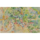 Fred Yates (1922-2008) original watercolour 'Garden', 37cm x 101cm, Key West Editions Gallery