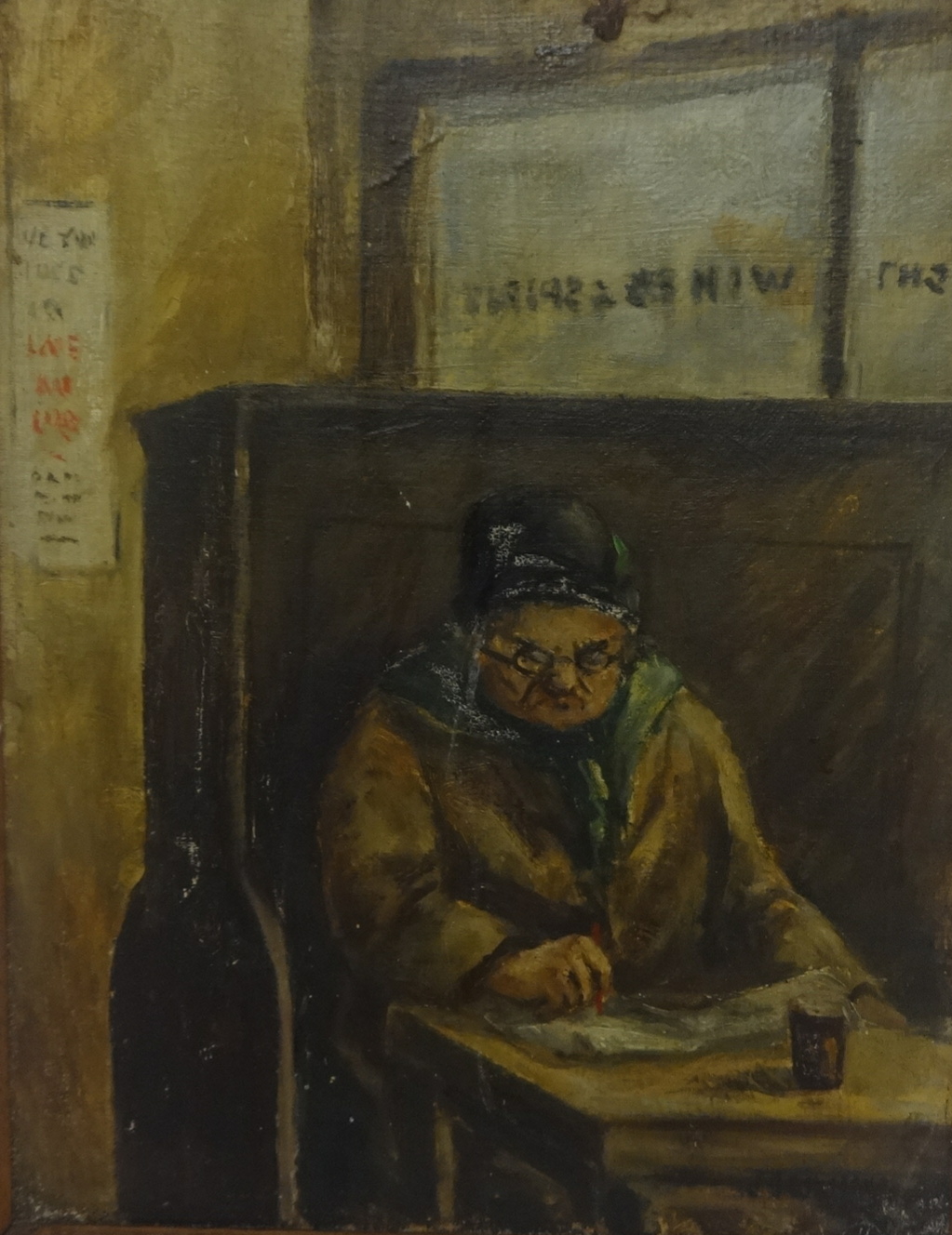 Indistinctly signed oil on board, 'Study of Elderly Lady in a Bar', 38cm x 29cm.