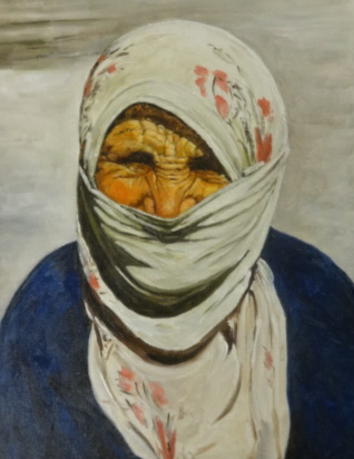 Lennox Manton, oil on board, portrait of a Middle Eastern elderly woman, 38cm x 30cm.