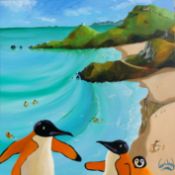 Lee Woods (b 1964-) signed, acrylic on canvas. 'West Coast Orange Surf Penguins', 80cm x 80cm x 4.
