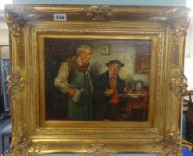 German School, oil on board, two men at an inn, in gilt frame
