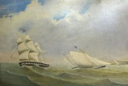 A pair of Moorland watercolours, signed F Palk?, largest 53cm x 18cm.A 19th century marine scene,