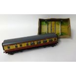 Hornby tinplate No 1 Level Crossing, boxed, Bassett-Lowke passenger coach, Hornby O gauge loose