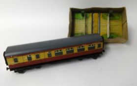 Hornby tinplate No 1 Level Crossing, boxed, Bassett-Lowke passenger coach, Hornby O gauge loose