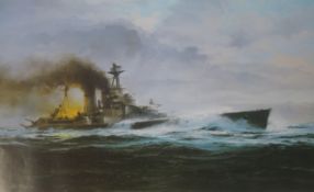 After Robert Taylor, HMS Hood two prints, signed Ted Briggs (one of the few survivors), unframed (