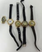 Five vintage gold cased ladies wristwatches.