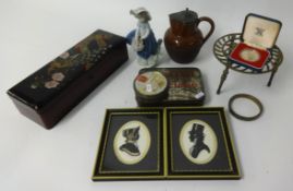A quantity of stamps, ornaments, jugs, trivet, postcards and other items.