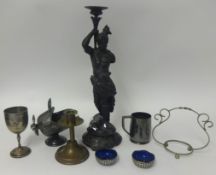 Various metal wares, pair of blue glass lined table salts, speltar figure, sugar helmet brass