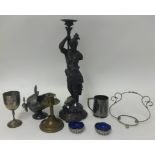 Various metal wares, pair of blue glass lined table salts, speltar figure, sugar helmet brass