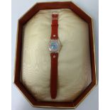 Swatch a collectors wrist watch with decorated dial, small replica Imari cat and gold and opal