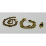 Two yellow metal chains one indistinctly marked, the other unmarked approx 39.8gms and a gilt