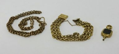 Two yellow metal chains one indistinctly marked, the other unmarked approx 39.8gms and a gilt