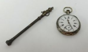 A continental silver open face keyless pocket watch, the enamelled dial with roman and arabic
