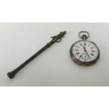 A continental silver open face keyless pocket watch, the enamelled dial with roman and arabic