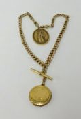 A 9ct gold Albert watch chain, approx 48gms with a St Christopher and locket.