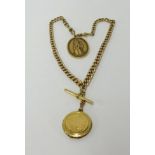 A 9ct gold Albert watch chain, approx 48gms with a St Christopher and locket.