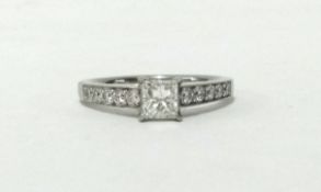 A modern diamond ring, in platinum, single stone with princess cut certificated diamond